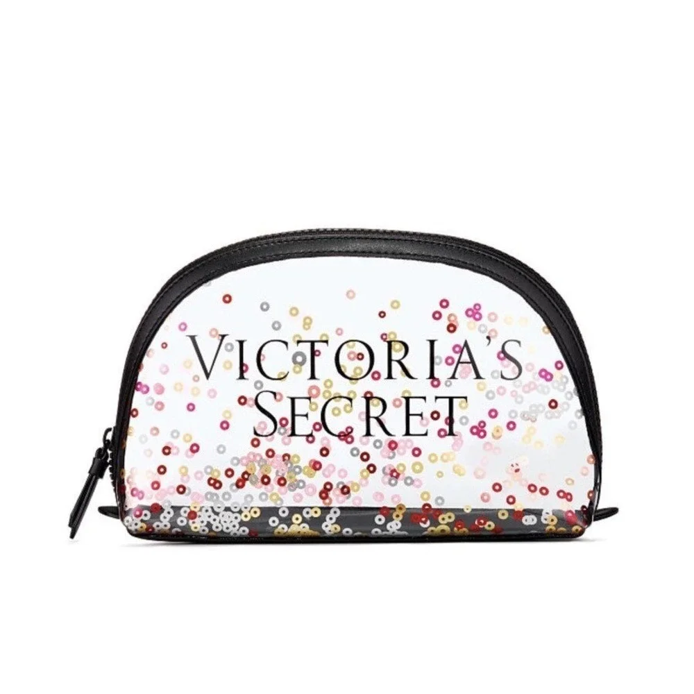 Victoria's Secret Cosmetic Bag Women Small Clear Excellent Confetti Sequin Zip